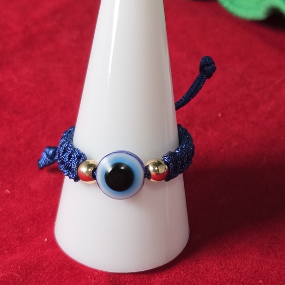 Boutique Jewelry - Blue Evil Eye Adjustable Ring Braided Cord Gold Beads NWT Protection Symbolism